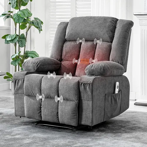 Miniatura 9 de 360° Swivel Rocker Recliner Chair with Heat and Massage, 3 Positions, USB Ports, Side Pockets, Cup Holders, for Living Room, Bedroom, Blue Marrón