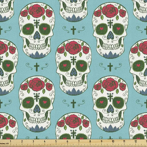 Miniatura 60 de Ambesonne The Yard, tela de calavera colorida con temática de Halloween, diseño de calavera y huesos cruzados, divertido estampado de dibujos