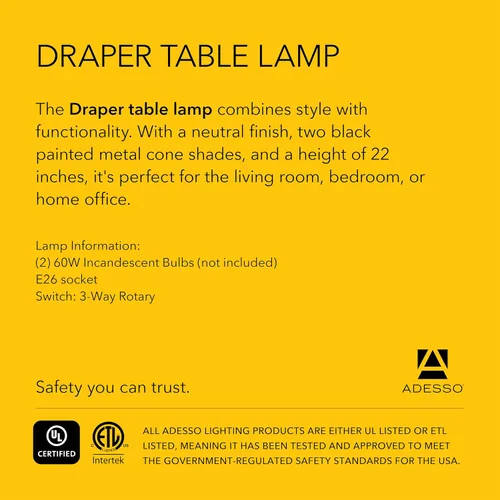 Miniatura 7 de Adesso 3235-01 Draper Lámpara de escritorio, 22 in., 2 x 60W incandescente/2 x 13W CFL, acero cepillado/pintado negro con acento de madera, 1
