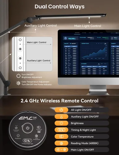 Miniatura 4 de Lámpara de escritorio LED con abrazadera, luz doble ajustable y control remoto, luz de rompecabezas para mesa sin deslumbramiento, 4 modos