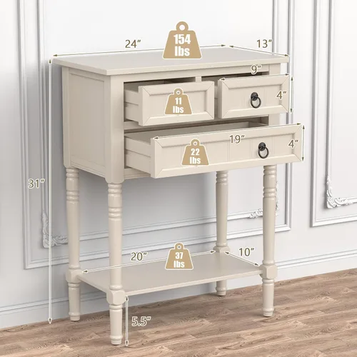 Miniatura 3 de Giantex Mesa de entrada con almacenamiento, mesa consola rústica pequeña con 3 cajones y estante inferior abierto, mesa consola de madera delgada