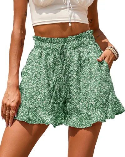 BTFBM Pantalones cortos de verano para mujer, con cinturón floral, casual, elástico, cintura alta, con volantes, para playa, pantalones cortos de