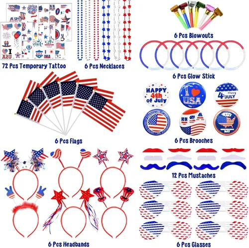 Miniatura 2 de 126 piezas de suministros patrióticos para fiestas, accesorios de fiesta del 4 de julio con collares, diademas, persianas, banderas, palillos