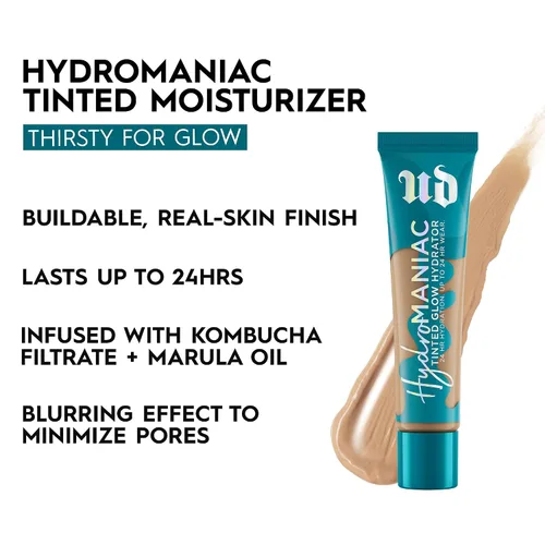 Miniatura 3 de Urban Decay Hydromaniac Dewy Foundation, Hidratante con color para piel seca, cobertura media construible, con filtrado de kombucha y aceite