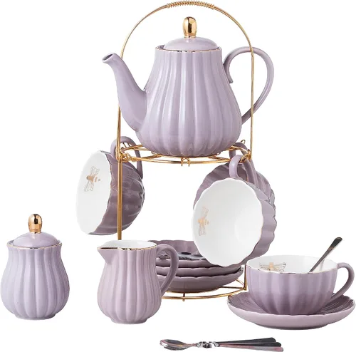 Miniatura 11 de CLAY TONIC- Juego de tazas de té y café de porcelana fina púrpura de 8 oz, tazas y platillos, con tetera, azucarero, jarra para crema, cucharaditas