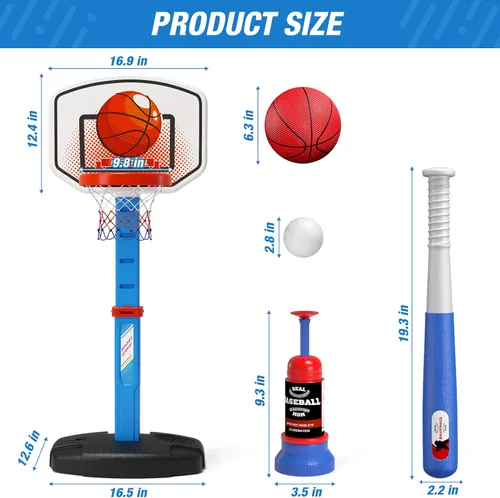 Miniatura 8 de HYES Juego de aro de baloncesto 2 en 1 y pelota en T para niños, altura ajustable, tee de béisbol para niños con máquina de lanzamiento automática