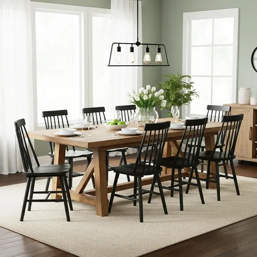 Miniatura 11 de Juego de 2 sillas de comedor negras, sillas de comedor de granja con respaldo de husillo, sillas de comedor sin brazos de madera maciza para cocina