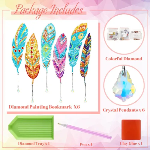Miniatura 2 de Henoyso Juego de 6 marcadores de pintura de diamante, marcapáginas de plumas 5D, marcadores de diamantes de imitación para bricolaje, arte
