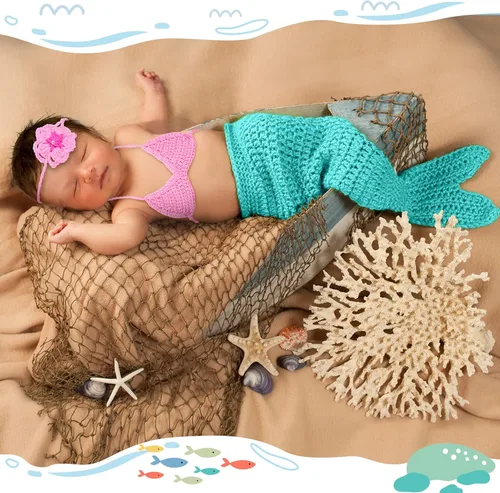 Miniatura 4 de Janmercy Trajes de fotografía para niña recién nacida, accesorios para fotos de bebé, traje de ganchillo hecho a mano, lindo disfraz de foto (sirena)