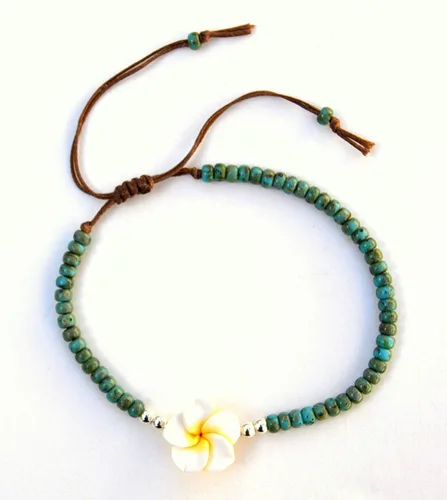 Miniatura 5 de Boho Beaded Anklet for Women and Teen Girls, Unique Bohemian Turquoise and Sterling Silver Beaded Anklet with Hawaii Hawaiian Plumeria Flower