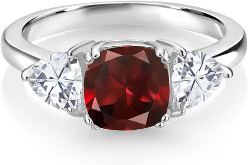 Miniatura 17 de 925 Sterling Silver Gemstone Birthstone and White Moissanite 3-Stone Engagement Ring for Women 7MM Cushion and 5MM Trillion Accents Three Stone