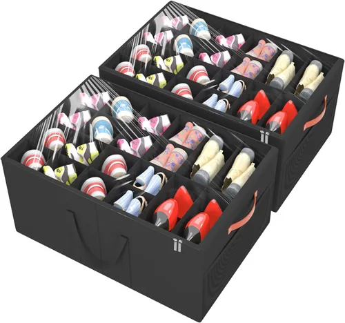 Miniatura 12 de Aokeyee Paquete de 2 organizadores de zapatos para armario, caja organizadora plegable de almacenamiento de zapatos con cubierta transparente y 4