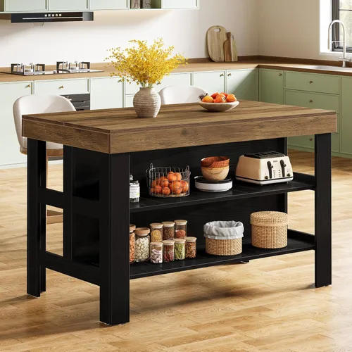 Miniatura 9 de Tribesigns Isla de cocina con estantes de asiento y almacenamiento, mostrador de desayuno de 55.1 pulgadas, mesa de isla de granja para cocina