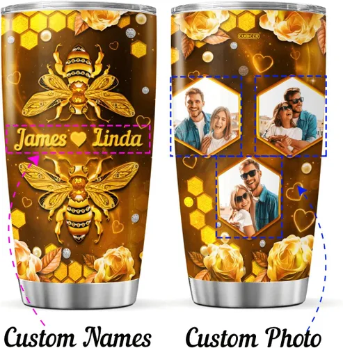 Miniatura 2 de CUBICER Vasos de café personalizados con tapa, foto personalizada, vaso de pareja, taza de acero de abeja de miel, tazas aisladas de doble pared