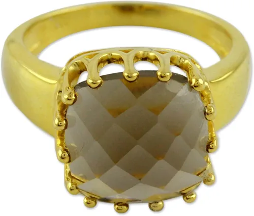 Miniatura 2 de NOVICA Anillo artesanal de cuarzo ahumado vermeil hecho a mano con una sola piedra facetado de la India. Plata de ley 925 chapada en oro de 18