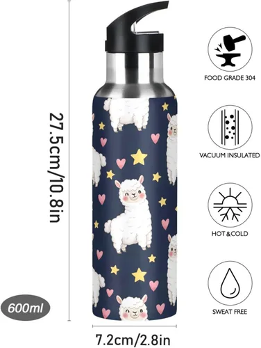 Miniatura 9 de Cute White Alpacas Insulated Water Bottle 20 Oz, BPA-Free Sports Water Bottle with Straw Leakproof Water Bottles