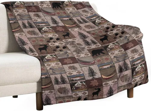 Mantas de franela de estilo rústico retro, manta decorativa vintage de alce, ciervo, oso, hoja, árbol, estilo campestre de granja, casa de campo,
