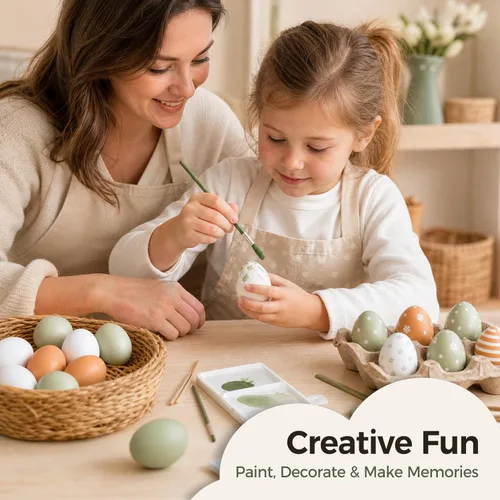 Miniatura 5 de POPLAY Huevos falsos de madera, huevos falsos de madera de 3 colores para manualidades, manualidades, pintura de huevos, nido de pollo