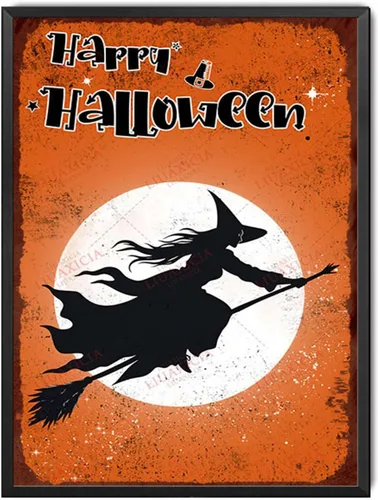 Miniatura 10 de Letrero de hojalata retro con diseño de bruja de Halloween para pared de garaje, pared de taller, 8.00 x 12.00 pulgadas