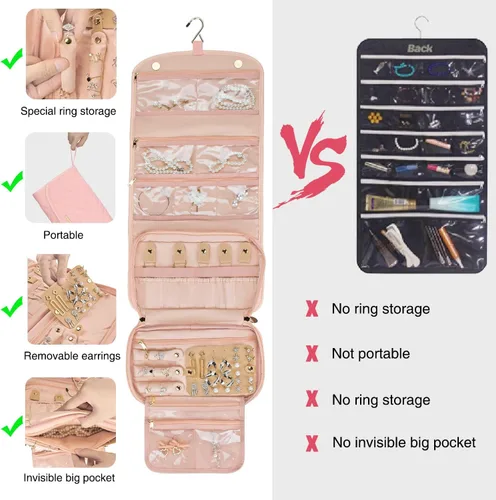 Miniatura 3 de Rollo organizador de joyas de viaje con bolsillos con cremallera, bolsa grande para colgar, para anillos, aretes, collares, pulseras, broches, bolsa