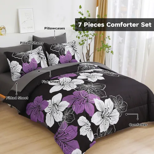 Miniatura 2 de Luxudecor Juego de edredón floral tamaño King, 7 piezas de cama en una bolsa, juego de edredón floral morado y sábanas, juegos de cama completos
