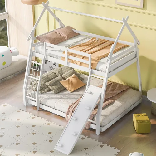 Miniatura 4 de Favfurish Litera de casa individual sobre Queen con redes de escalada y rampa de escalada para niños, adolescentes, niños y niñas, marco de cama