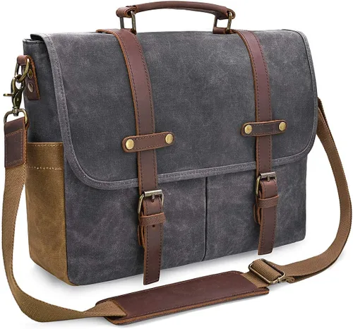 Miniatura 10 de Bolso mensajero para hombre de 15.6 pulgadas, impermeable, de cuero auténtico, encerado, maletín de lona grande, bolso de hombro de cuero resistente
