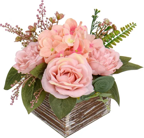 Miniatura 22 de DILATATA Arreglo floral con jarrón de madera, flores artificiales de 10 pulgadas en maceta, flores falsas en jarrón rectangular de madera blanco