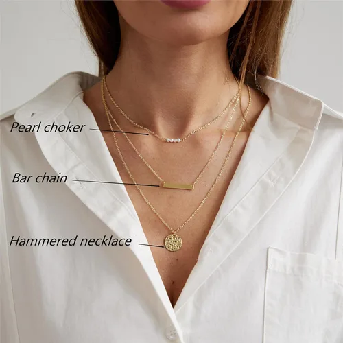 Miniatura 5 de ASCOMY Collares en capas para mujer, delicado collar de oro de 14 quilates chapado en oro de espiga para mujer, collar de cruz de perlas, clip