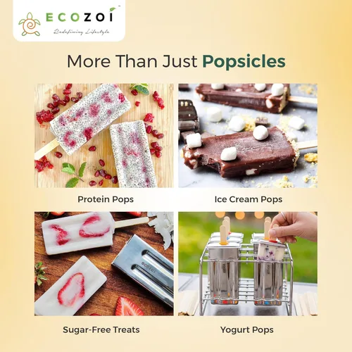 Miniatura 9 de Ecozoi Moldes y Estante de Acero Inoxidable para Paletas – 6 Moldeadores de Paletas de Hielo Cuadradas + 30 Palos de Bambú Reutilizables + 12 Sellos