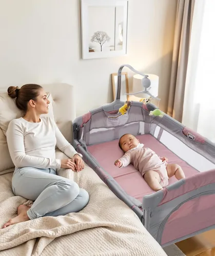 Miniatura 9 de Soobaby Cuna de bebé 5 en 1, cuna de noche, paquete y juega con moisés y cambiador, caja de música portátil de viaje, cuna de viaje portátil