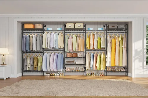 Miniatura 2 de Timate F5 Perchero de ropa expandible montado en la pared con 8 estantes ajustables y 4 varillas colgantes expandibles, perchero de ropa de tubería