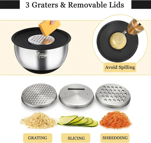 Miniatura 3 de Wildone Cuencos para mezclar con tapas herméticas, 22 piezas cuencos de acero inoxidable anidables, con 3 accesorios para rallar, marcas de escala