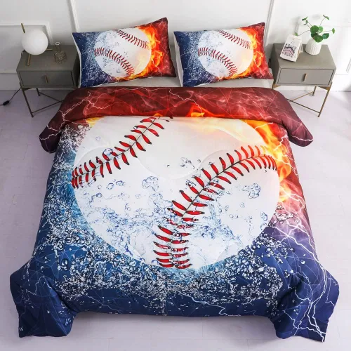 Juegos de Edredón de Béisbol Deportivo Tamaño Queen Full - Juego de Cama de 3 Piezas Ice Flame Galaxy Béisbol para Niños Colcha Cubrecama (Edredón x