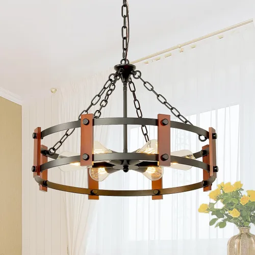 Miniatura 15 de Candelabro de casa de campo moderno, lámpara colgante rústica vintage, lámpara de araña con pantalla de vidrio craquelado, base de jaula de madera