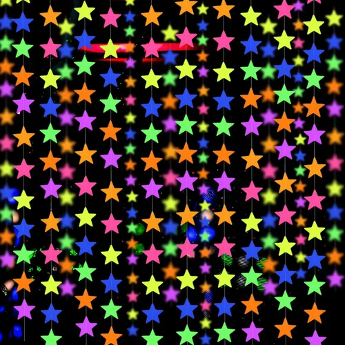 Miniatura 9 de Serpentinas y guirnaldas de neón de papel UV de 123 pies - Decoraciones de luz negra en forma de diamante, recuerdos y suministros para fiestas
