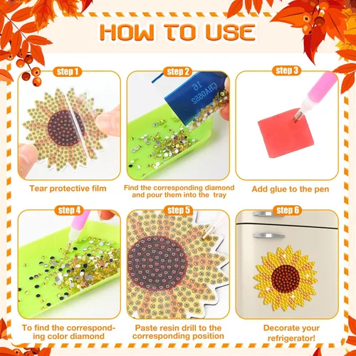 Miniatura 4 de Umigy 16 Piezas Imanes de Arte de Diamantes de Otoño Acción de Gracias para Refrigerador Calabaza Girasol Hojas Pintura de Diamante Imán Otoño
