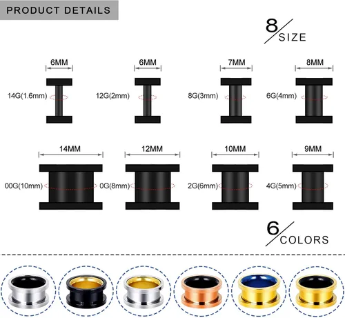 Miniatura 3 de Stuppendux 4 pares6 pares de dilatadores de oreja de acero inoxidable con doble acampanado para dilatadores de oreja, aretes expansores de carne