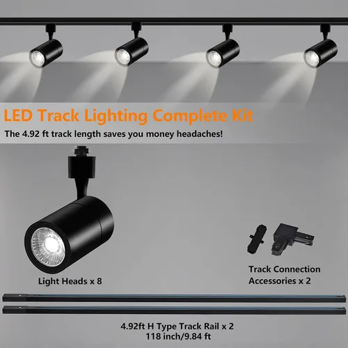 Miniatura 2 de J&L - Kit de iluminación LED tipo pista, 8 cabezales, luz cálida 3000 K, 25 W, 2700 lm, sistema de iluminación regulable de alto brillo con riel