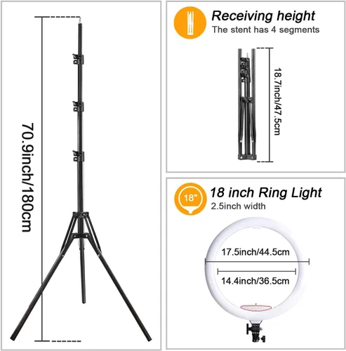 Miniatura 5 de Anillo de luz de 18 pulgadas con soporte de trípode, luz circular LED regulable de 58 W 5500 K para TikTok/Live Stream/Maquillaje/YouTube con bolsa