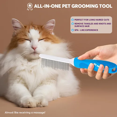 Miniatura 6 de Peine desenredante de aseo para mascotas para perros y gatos con dientes metálicos largos y cortos de acero inoxidable para eliminar enredos