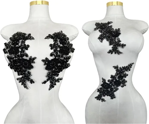 1 par/juego de accesorios de apliques de encaje con diamantes de imitación para coser a mano, cuentas de lentejuelas y piedras, parches para Negro