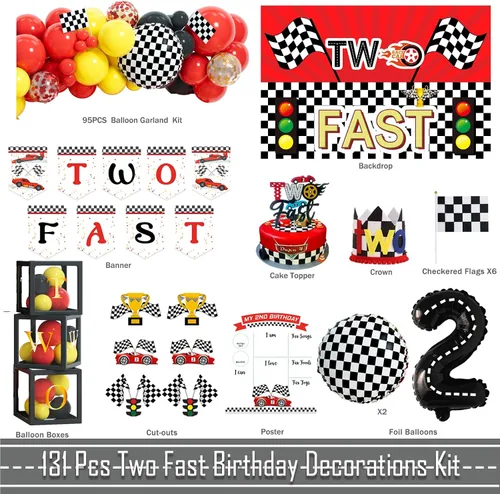 Miniatura 2 de Decoraciones de Cumpleaños Two Fast – 131 Piezas de Suministros para Fiestas de Cumpleaños con Temática de Autos de Carreras con Fondo Two Fast