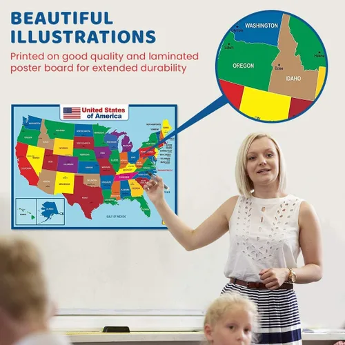Miniatura 4 de Póster laminado del mapa de los Estados Unidos - Póster educativo doble cara para niños/adultos - Mapa impermeable de 17 x 23 pulgadas para el hogar