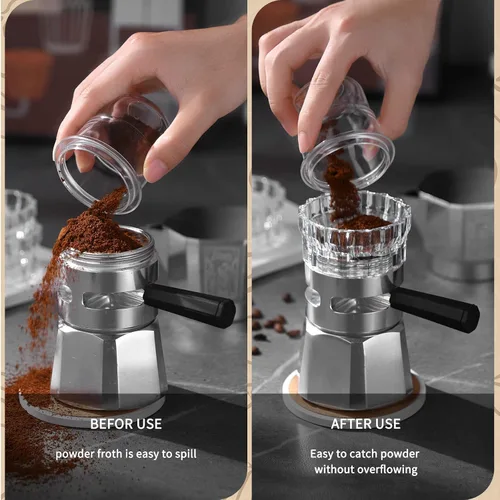 Miniatura 3 de Bincoo Moka - Dispensador de ollas con 100 piezas de papel de filtro, relleno de polvo giratorio, taza receptora de polvo, embudo, accesorios