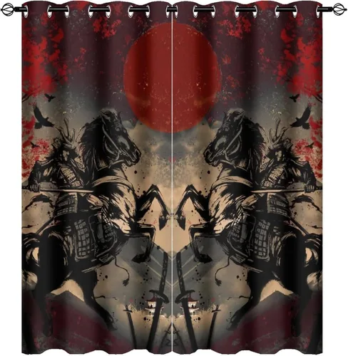 Miniatura 9 de Cortinas opacas abstractas japonesas samuráis para dormitorio, caballo samurái rústico, rojo, ojal, aislamiento térmico, cortinas de oscurecimiento