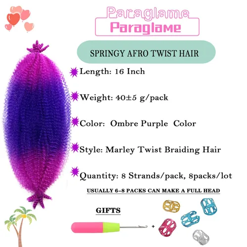 Miniatura 3 de Cabello afro Twist morado degradado de 16 pulgadas, cabello Marley pre-separado para rastas suaves, cabello trenzado Marley Twist Ombre Kinky Spring