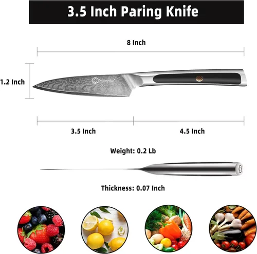 Miniatura 5 de Sunnecko Cuchillo de pelar de 3.5 pulgadas, cuchillo para frutas con hoja de acero damasquino VG-10 de 67 capas, cuchillo pequeño para pelar