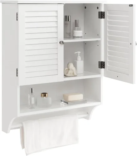 Miniatura 10 de Giantex Armario de baño montado en la pared con 2 puertas con rejillas, estante ajustable de 3 posiciones, toallero, ahorro de espacio sobre