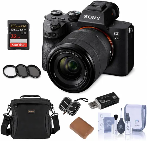 Sony Cámara sin espejo Alpha a7 III con lente FE de 1.102-2.756 in, marco completo de 24.2MP, video 4K, paquete con bolsa, tarjeta SD de 64 GB,